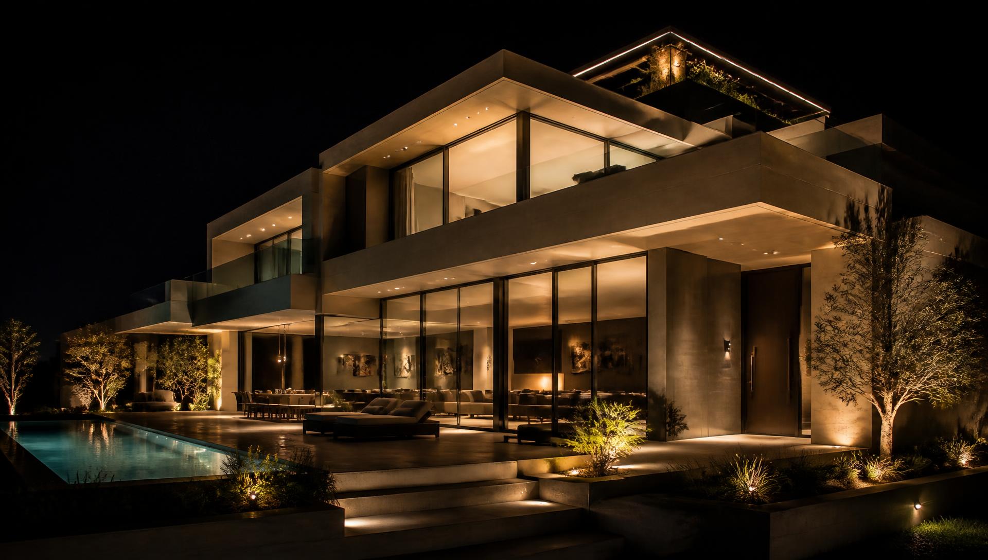 Illuminated modern luxury residence at night